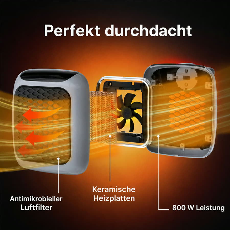 Aufbau des WarmNook Eco: Luftfilter, keramische Heizplatten, 800 W Leistung